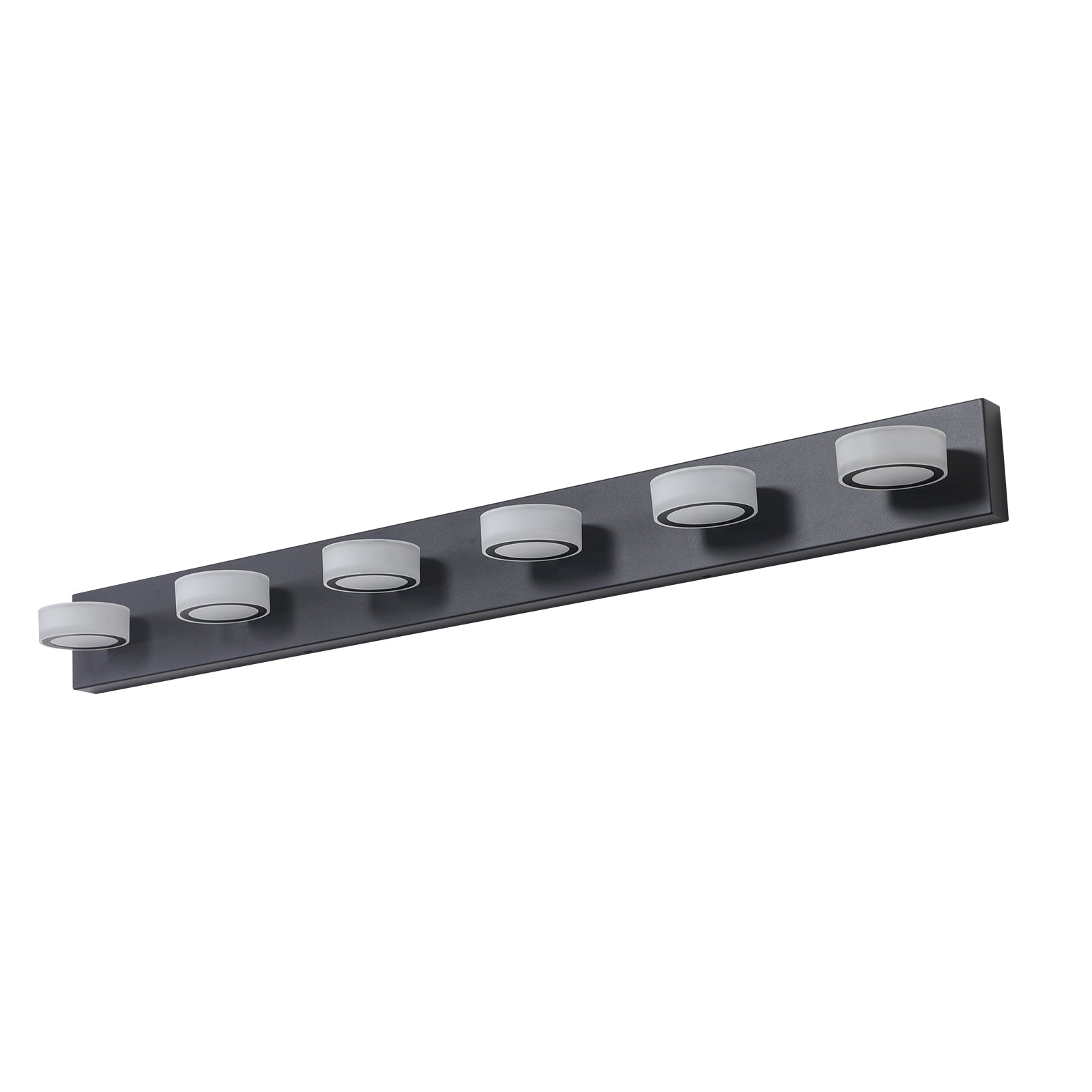 Anthony & Home Signature Collection six-light LED vanity light with black iron finish, featuring modern design and clear glass shades.