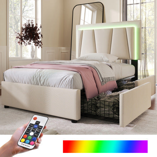 Wooden Storage Bed Frame 90x200cm Beige With Drawers