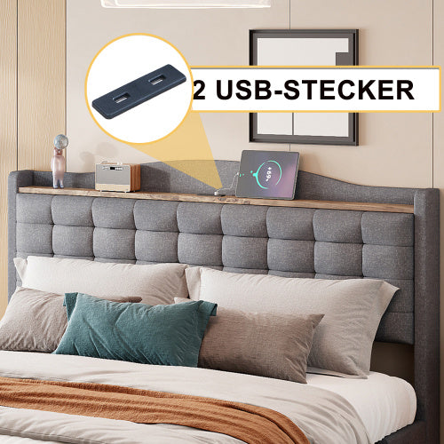 Grey Linen Upholstered Bed Frame 160x200 cm USB Nightstand