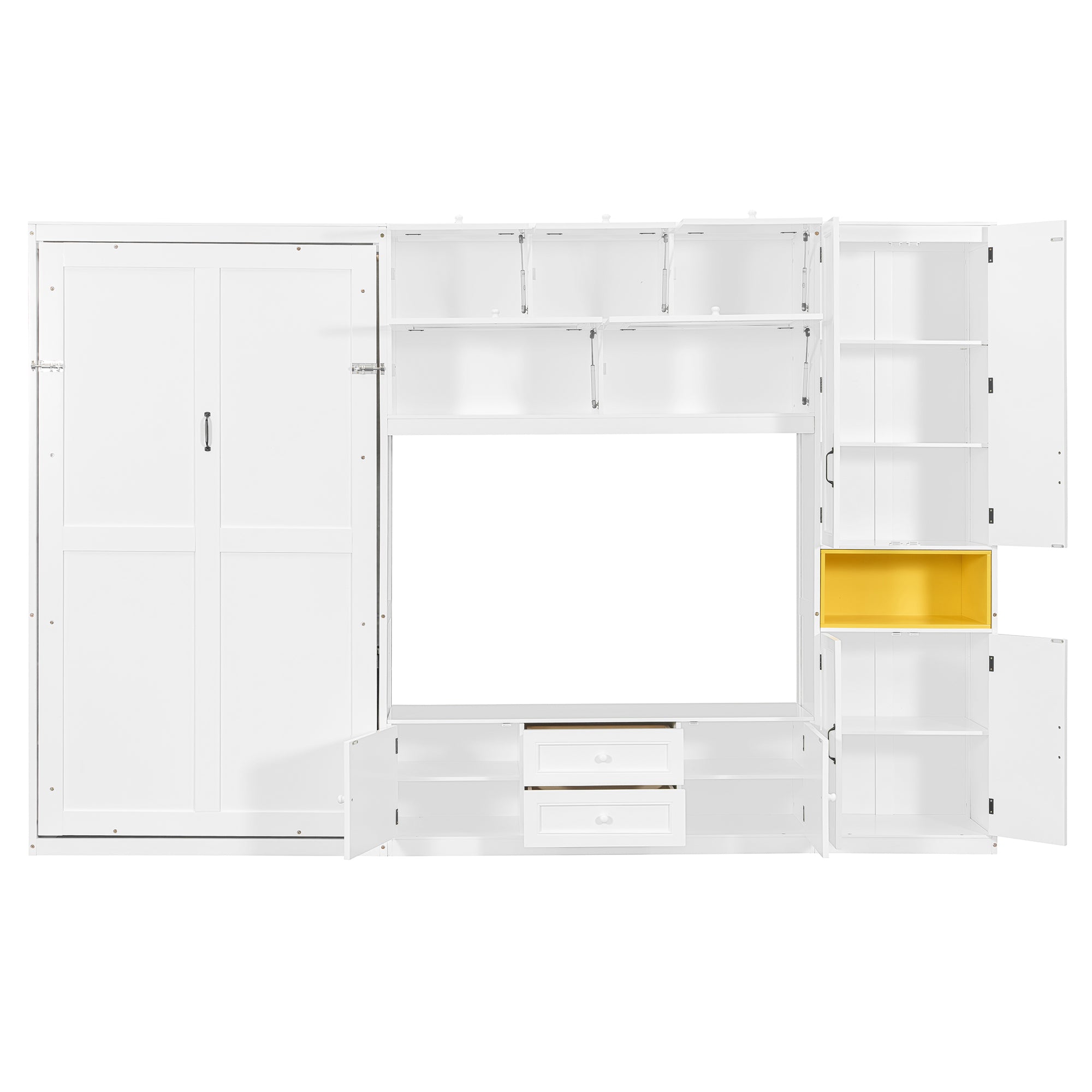 Solid wood twin Murphy bed with integrated TV stand, two drawers, and cabinets in white finish by Anthony & Home