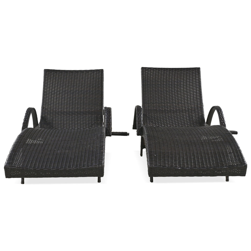 Anthony & Home K&K Signature outdoor wicker chaise lounges set with pull-out side table and 5-level adjustable backrest in dark brown.