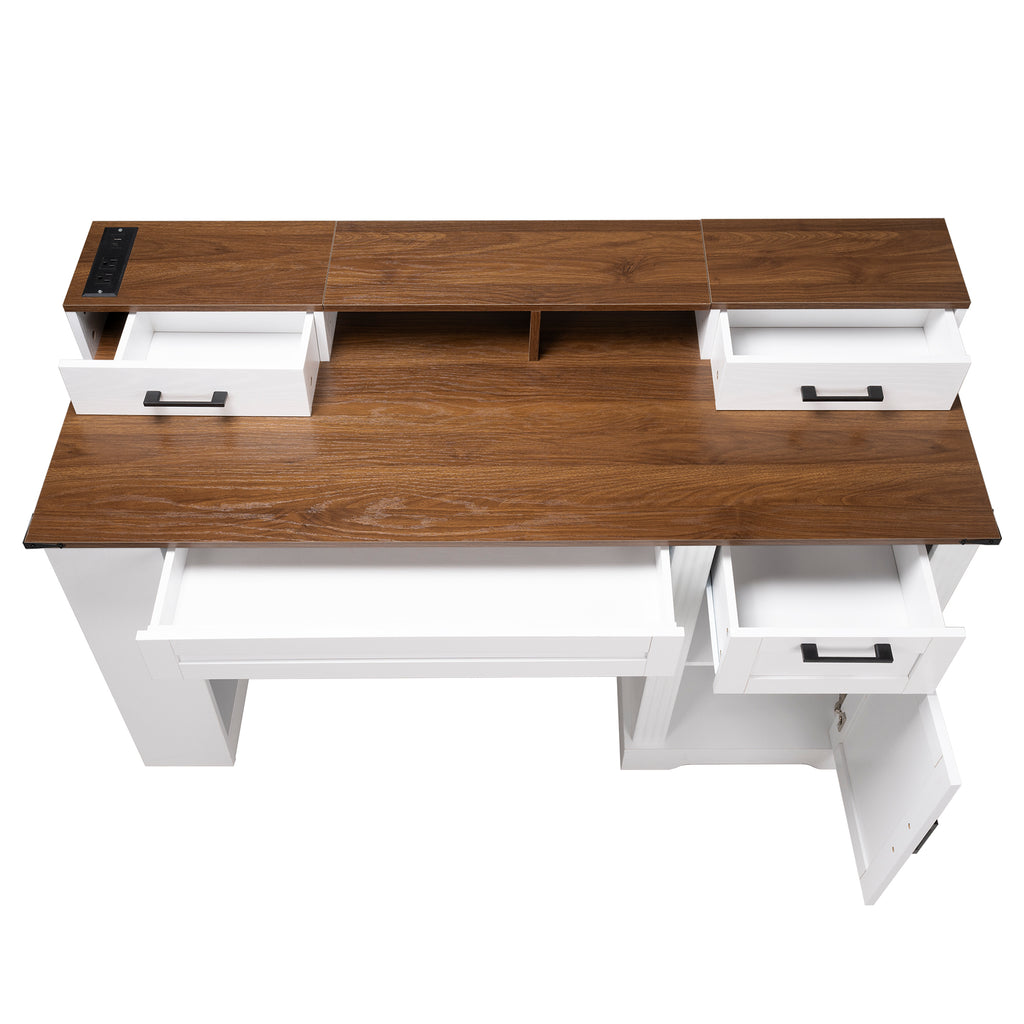 Anthony & Home Studio Barn Door Desk with storage compartments and built-in charging station, featuring a rustic barn door design.