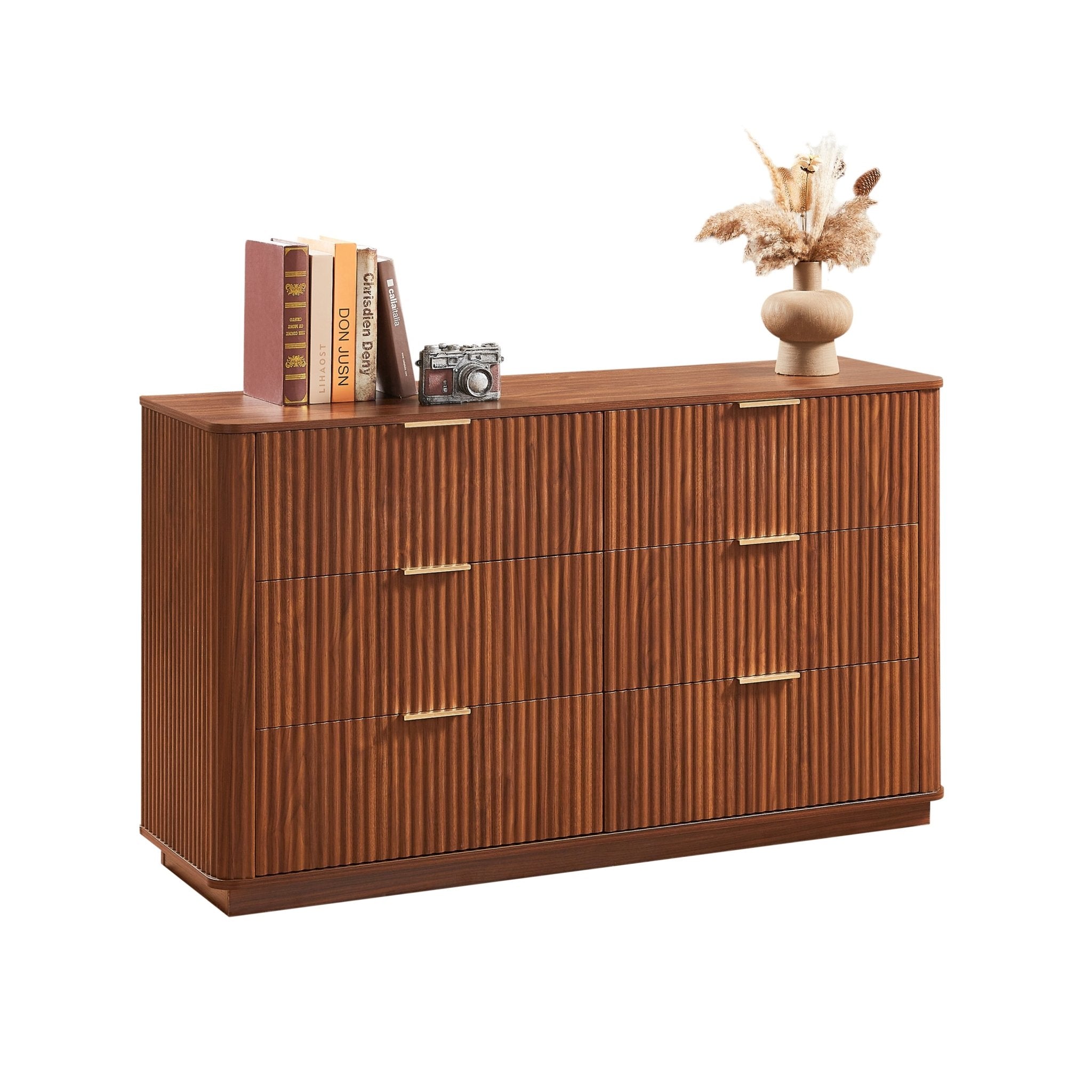 Walnut Wave Six-Drawer Dresser TV Stand by Anthony & Home with curved profile and 55-inch width from Studio Collection.