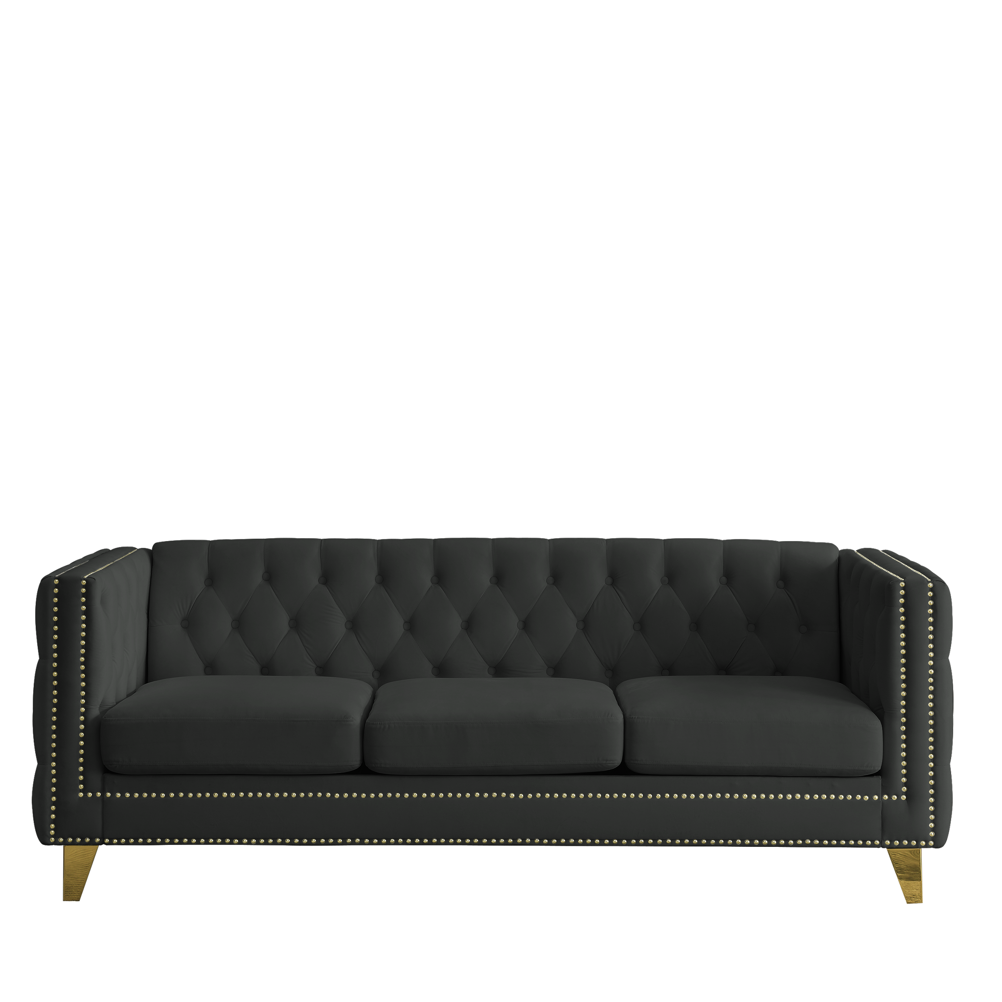 Black Atelier Velvet Tufted 3-Seater Sofa with metal legs by Anthony & Home, showcasing plush velvet upholstery and elegant design.
