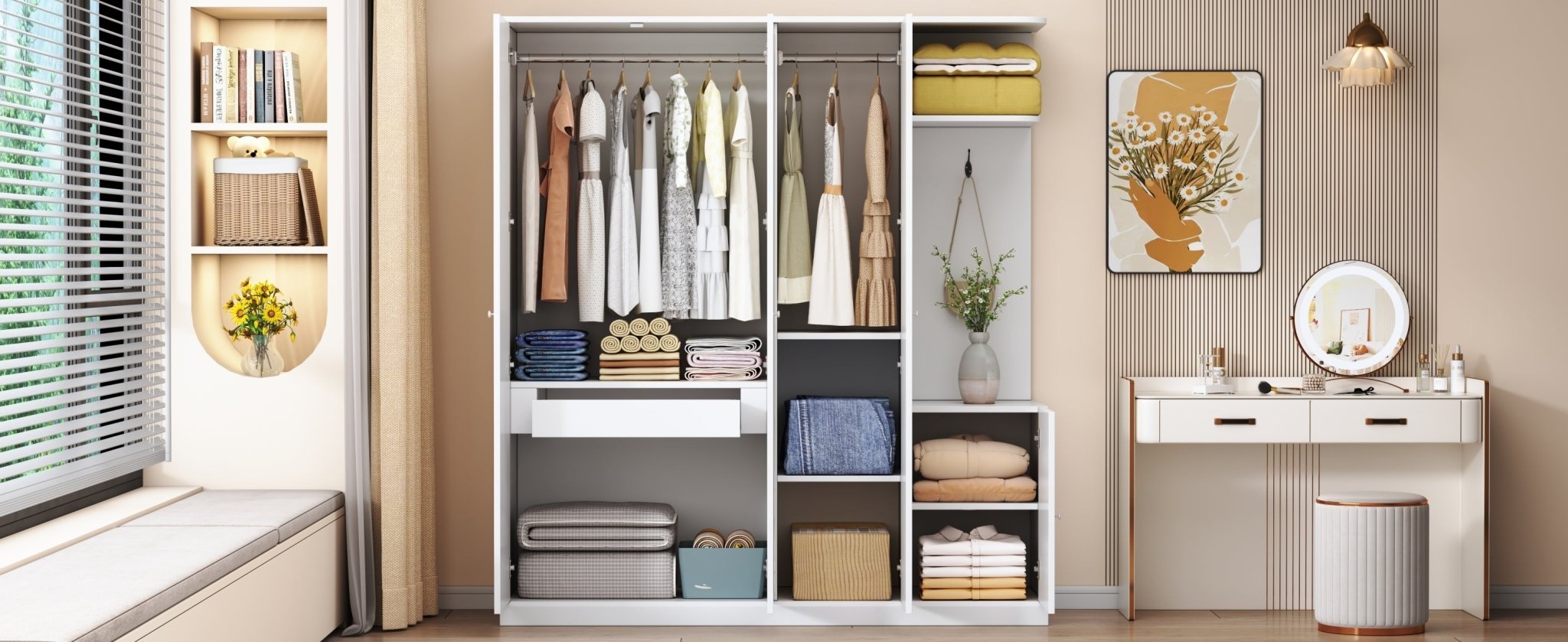 Anthony & Home Elegant Collection wardrobe with full-length mirror, wooden finish and modern design, interior shelves visible.
