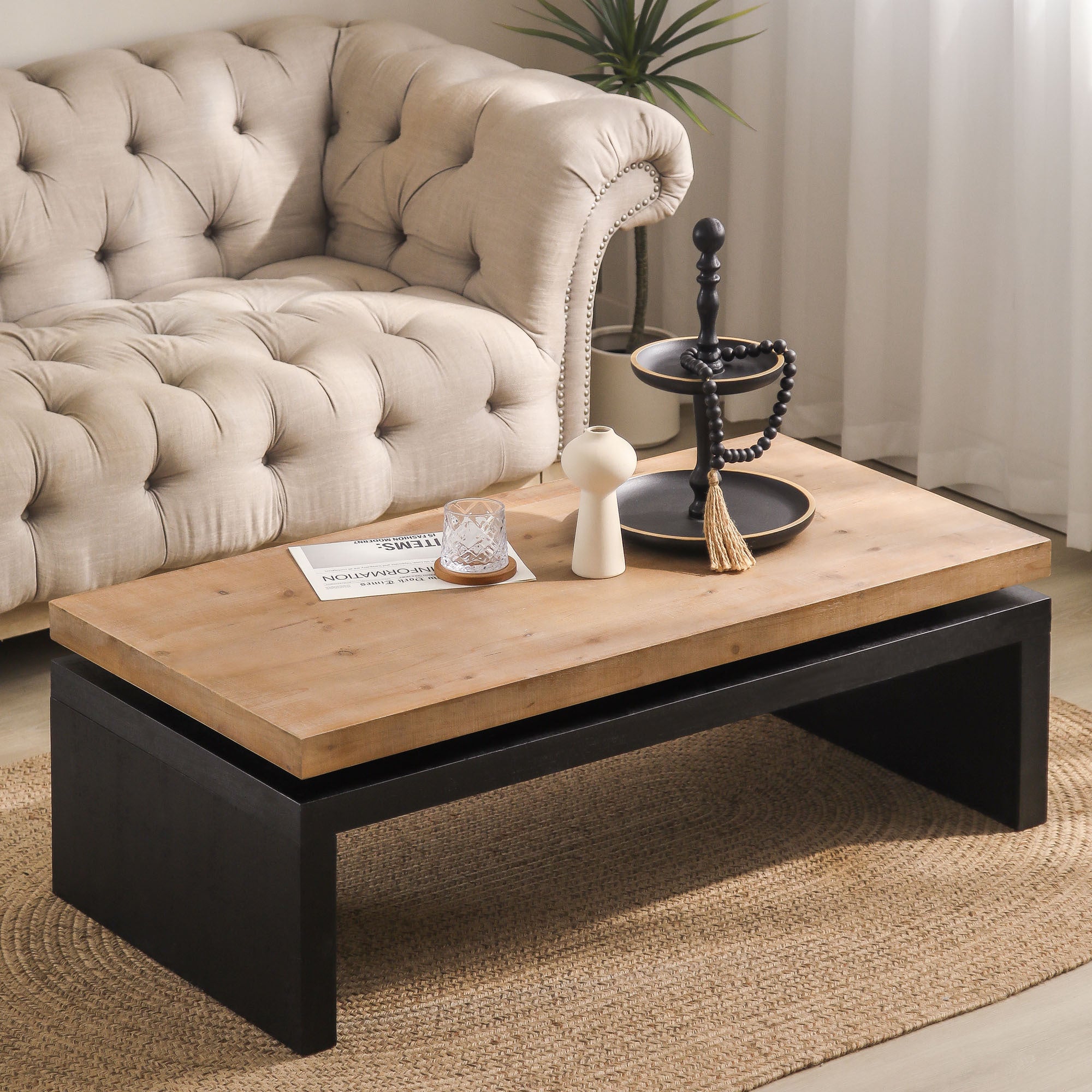 Two-tone wood floating top coffee table by Anthony & Home, showcasing a sleek, modern design with a natural finish.