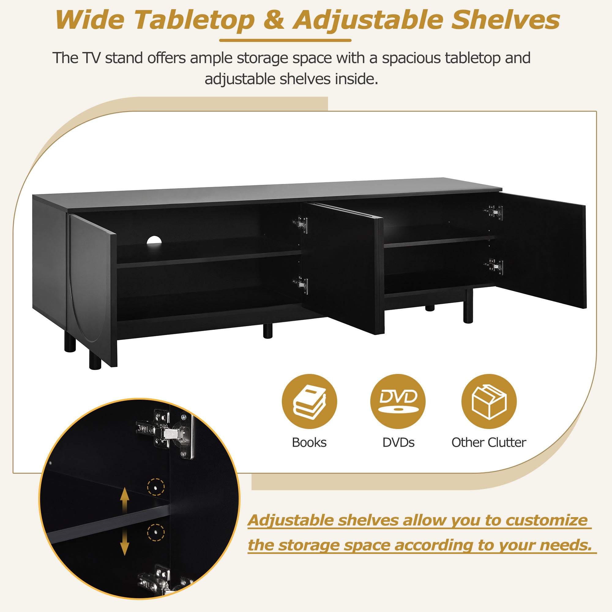 Black Anthony & Home ON-TREND Graceful TV stand with arch cabinets, solid wood legs, adjustable shelves, ideal for 78-inch TVs.