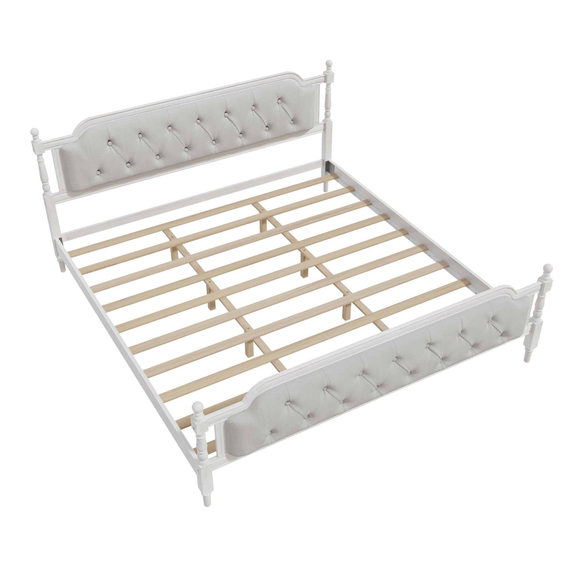 Antique white king bed frame with linen tufted headboard, showcasing elegant upholstery and classic design from Anthony & Home.