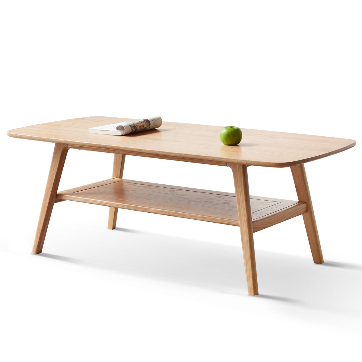 Natural oak coffee table with storage shelf from Anthony & Home's Atelier Collection, showcasing a sleek, timeless design.