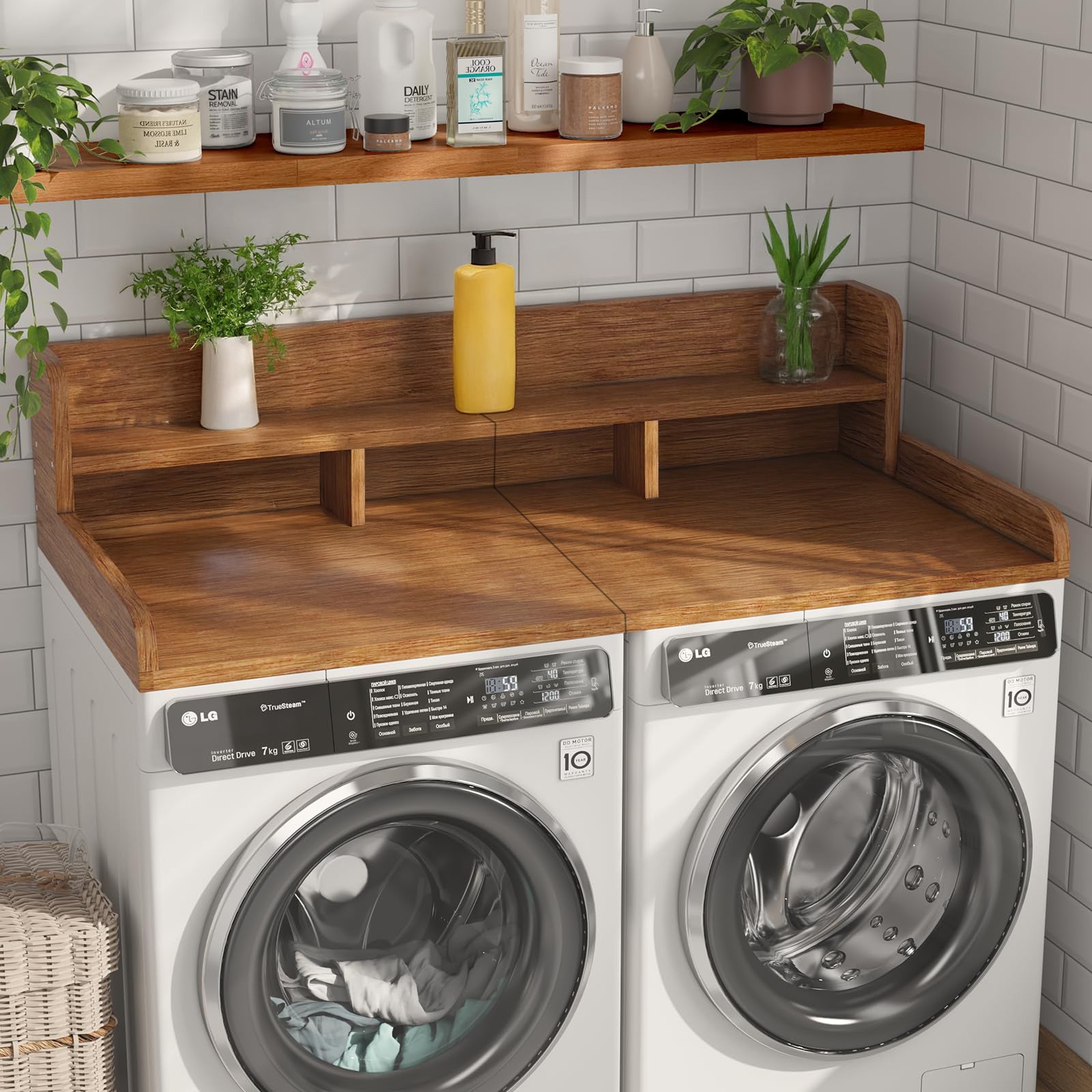 Walnut wood countertop shelf for washer and dryer from Anthony & Home, showcasing a stylish and functional laundry room storage solution.
