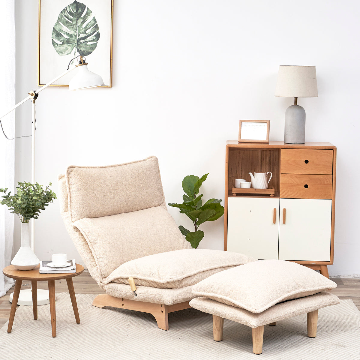 Beige Anthony & Home Studio foldable metal frame recliner with padded seat and backrest, ideal for relaxing and space-saving comfort.