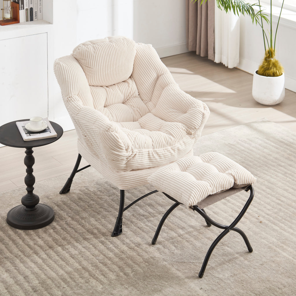 Ivory upholstered lounge chair with matching ottoman and side pocket, modern reading nook accent by Anthony & Home