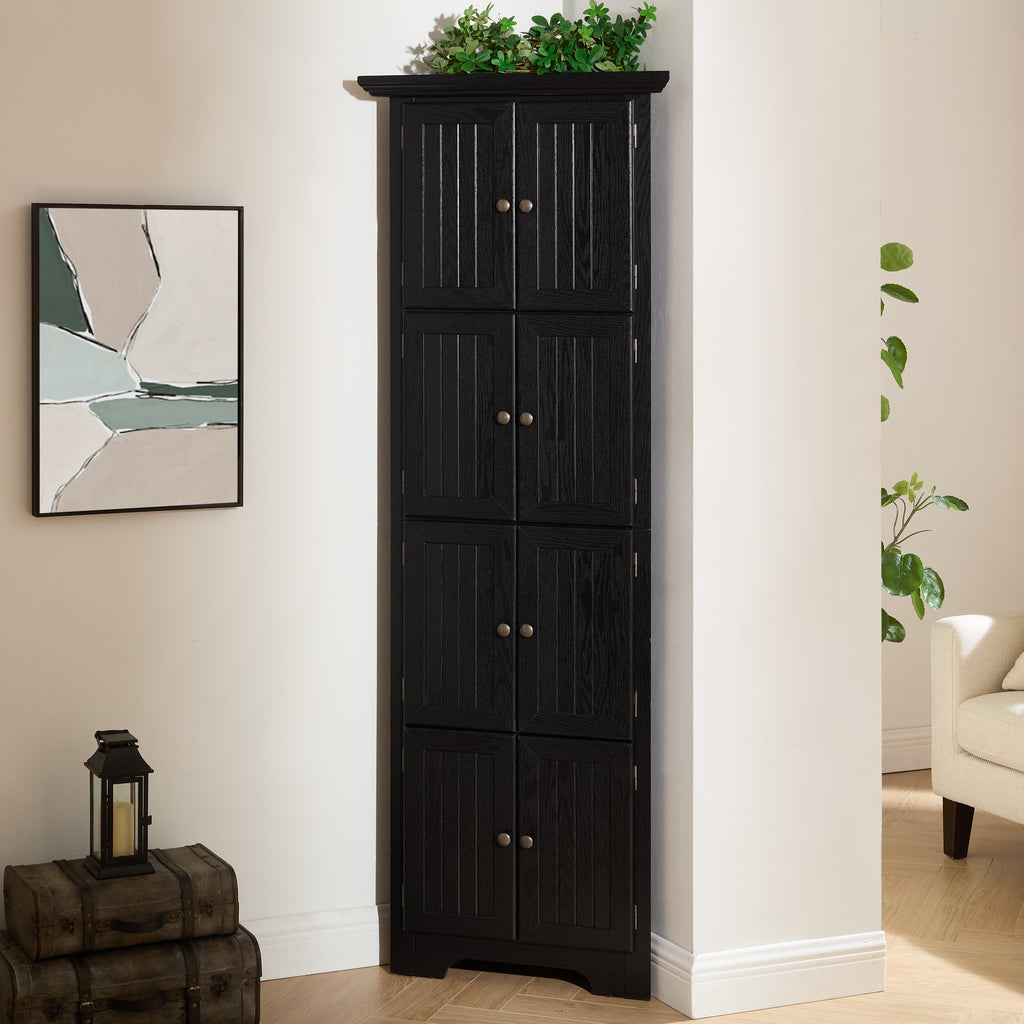 Matte black corner pantry cabinet from Anthony & Home's Studio Collection, featuring sleek design and ample storage space.