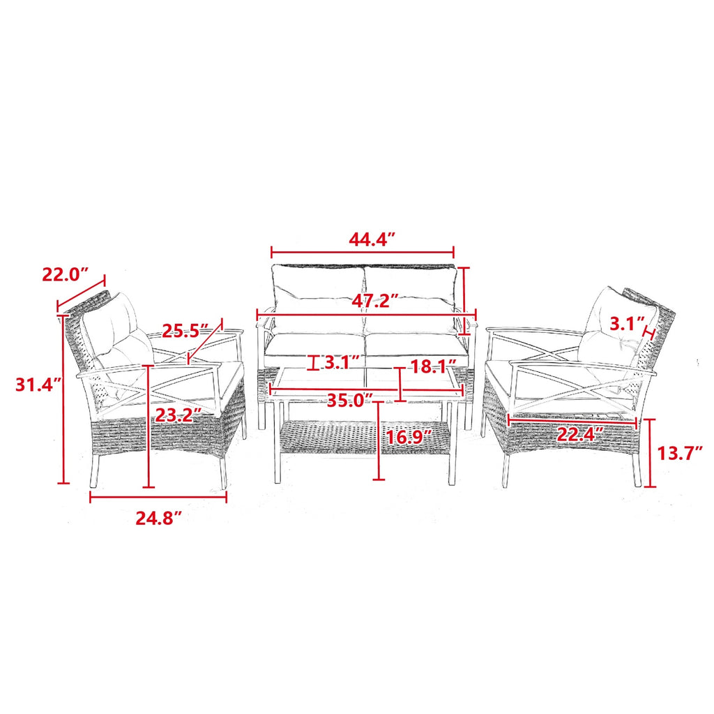 Patio 4 Piece Sectional Sofa Set KD Rattan Wicker Outdoor