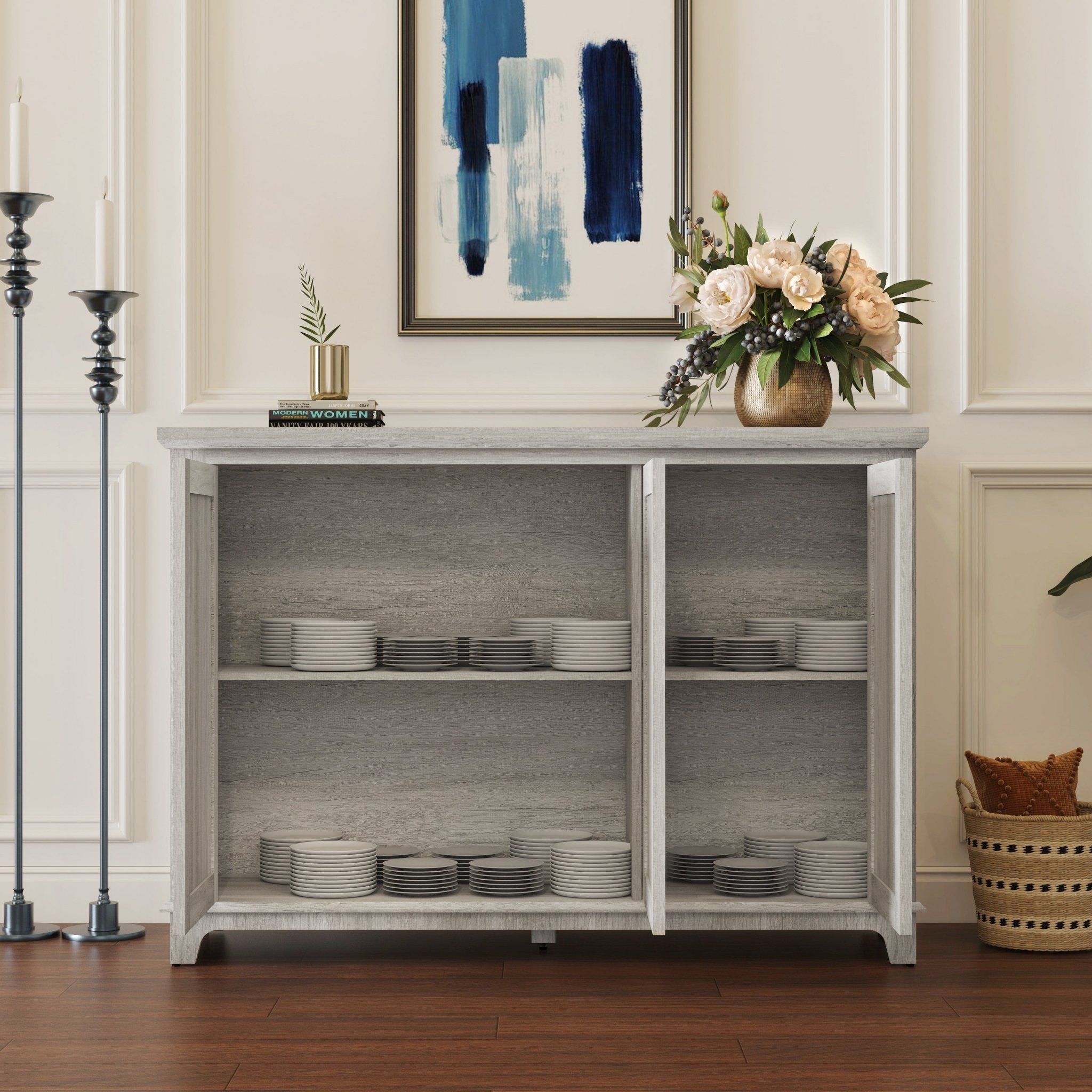 Anthony & Home mirrored sideboard with adjustable shelves, modern storage unit featuring reflective doors and sleek design.