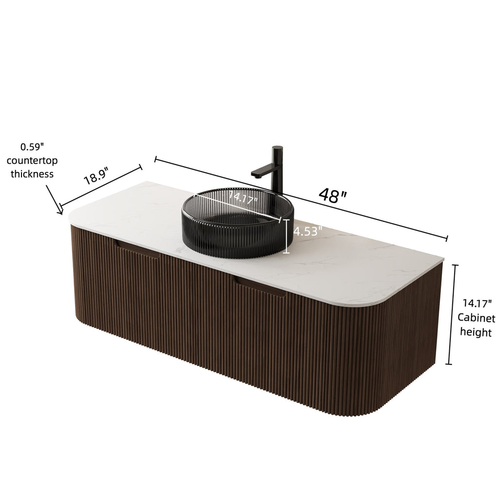 DINA 48' Bathroom Vanity with Sink, Wall - Mounted Curved Edges Striped Storage Cabinet with 2 Drawers, Transparent Black Round Glass Basin and Countertop, Pre - assembled, Dark Walnut Woodgrain Color - Anthony & Home