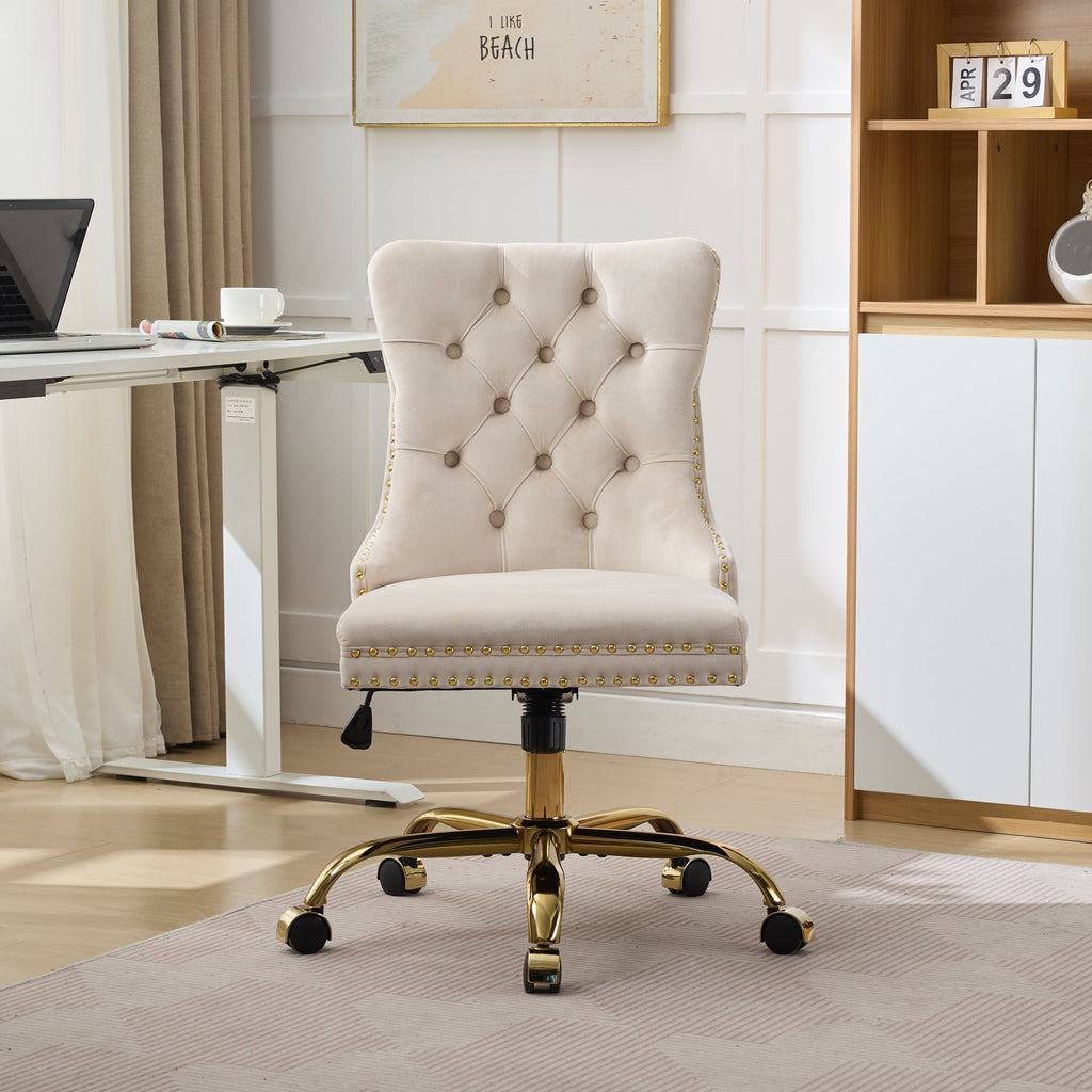Anthony & Home A&A velvet tufted office chair in beige with adjustable height, swivel base, contemporary ergonomic design.