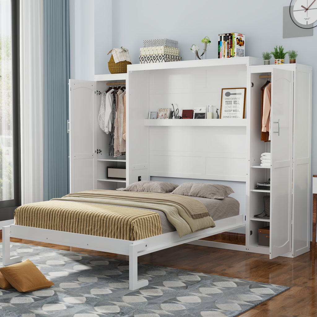 White Wood Queen Size Murphy Bed With Wardrobe And Storage Shelf Collection Limited Edition
