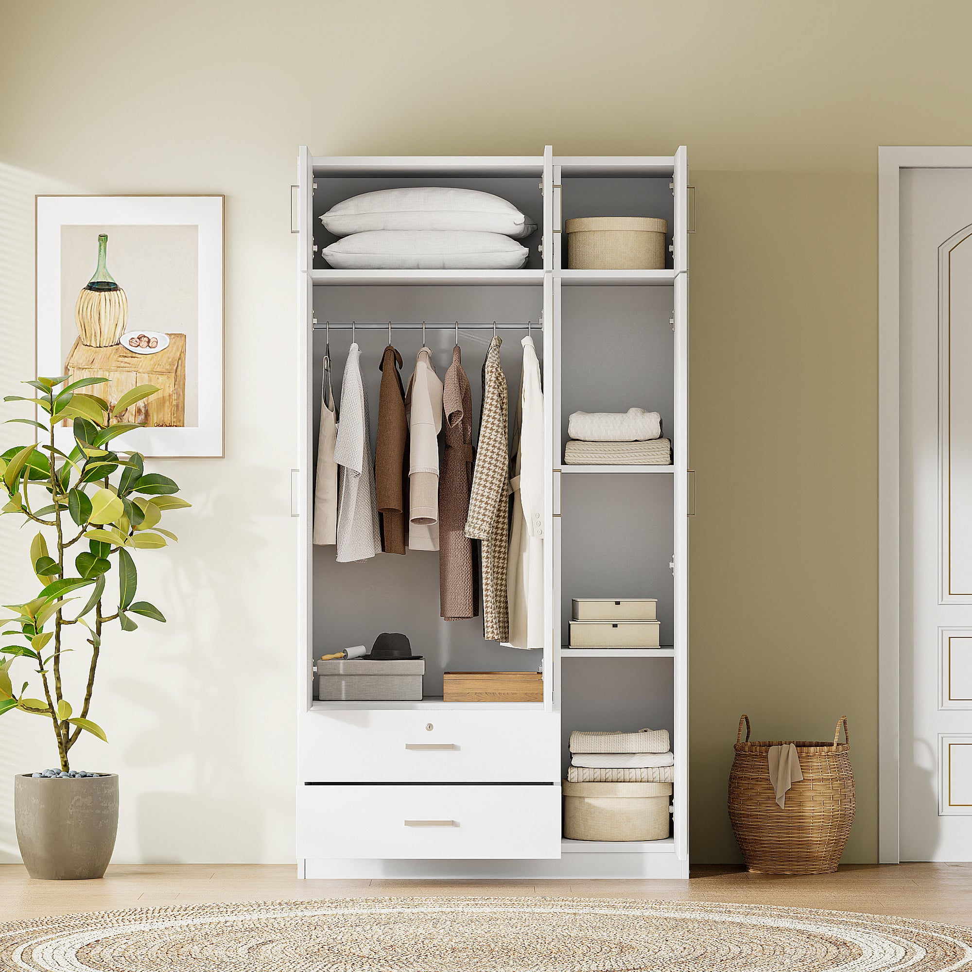 White mirror wardrobe with three doors from Anthony & Home, sleek storage solution with reflective surfaces and modern design.