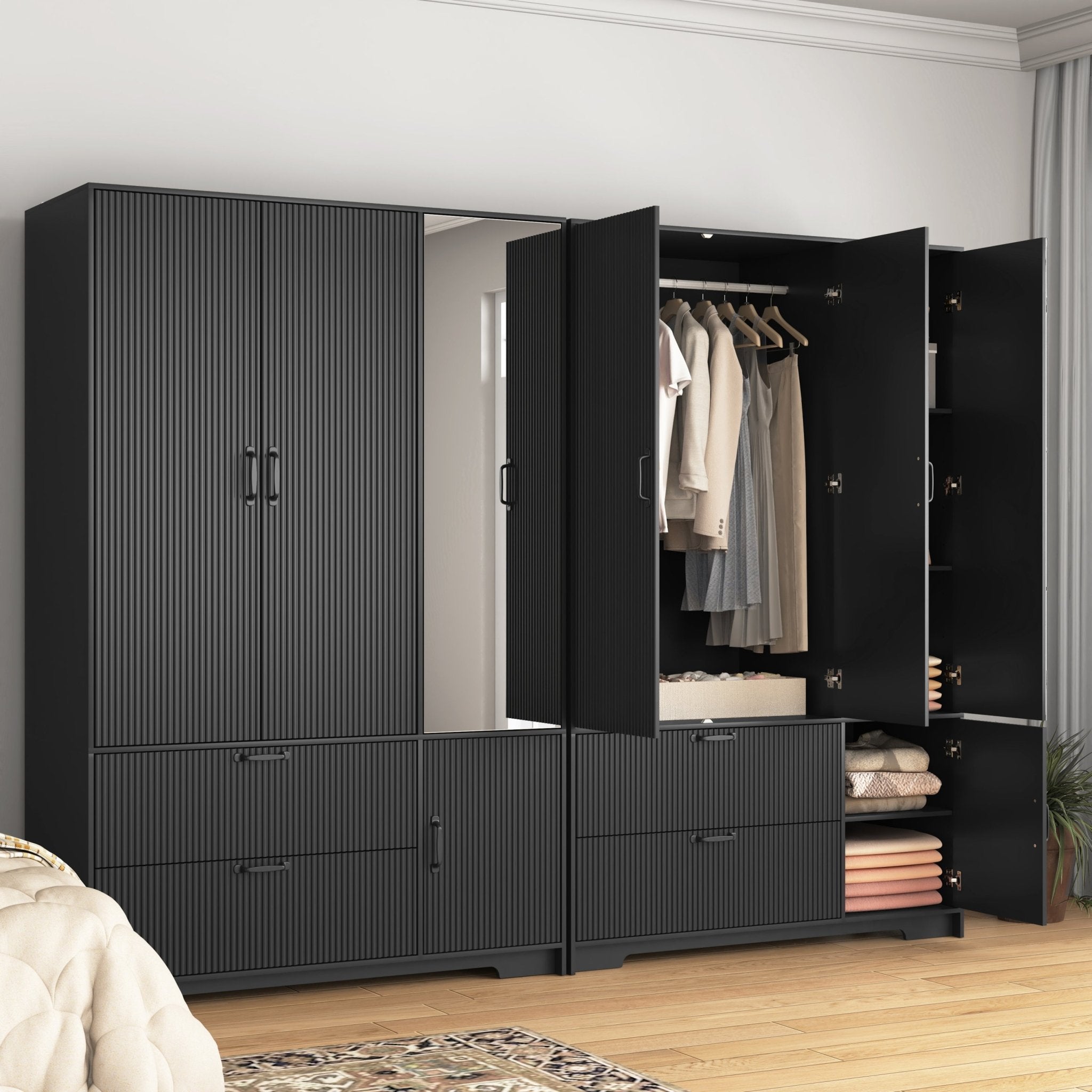 Black wood wardrobe with mirror, LED lighting, and drawers, featuring four doors for bedroom storage by Anthony & Home
