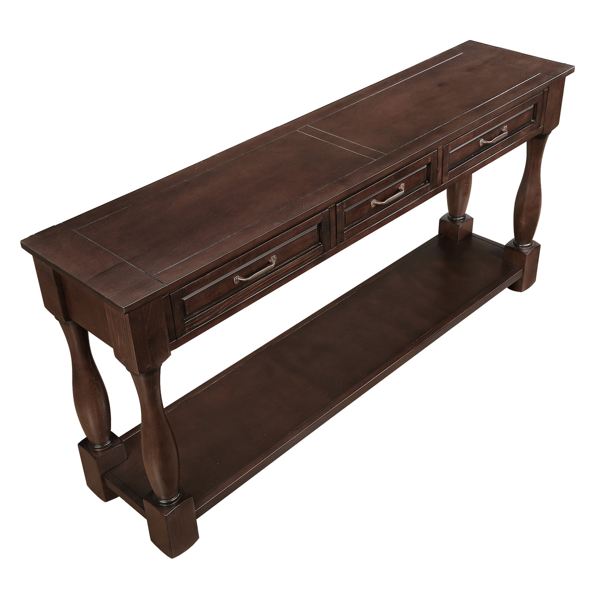 Anthony & Home 63-inch light espresso wood console table with three drawers, ideal for entryway decor and storage.