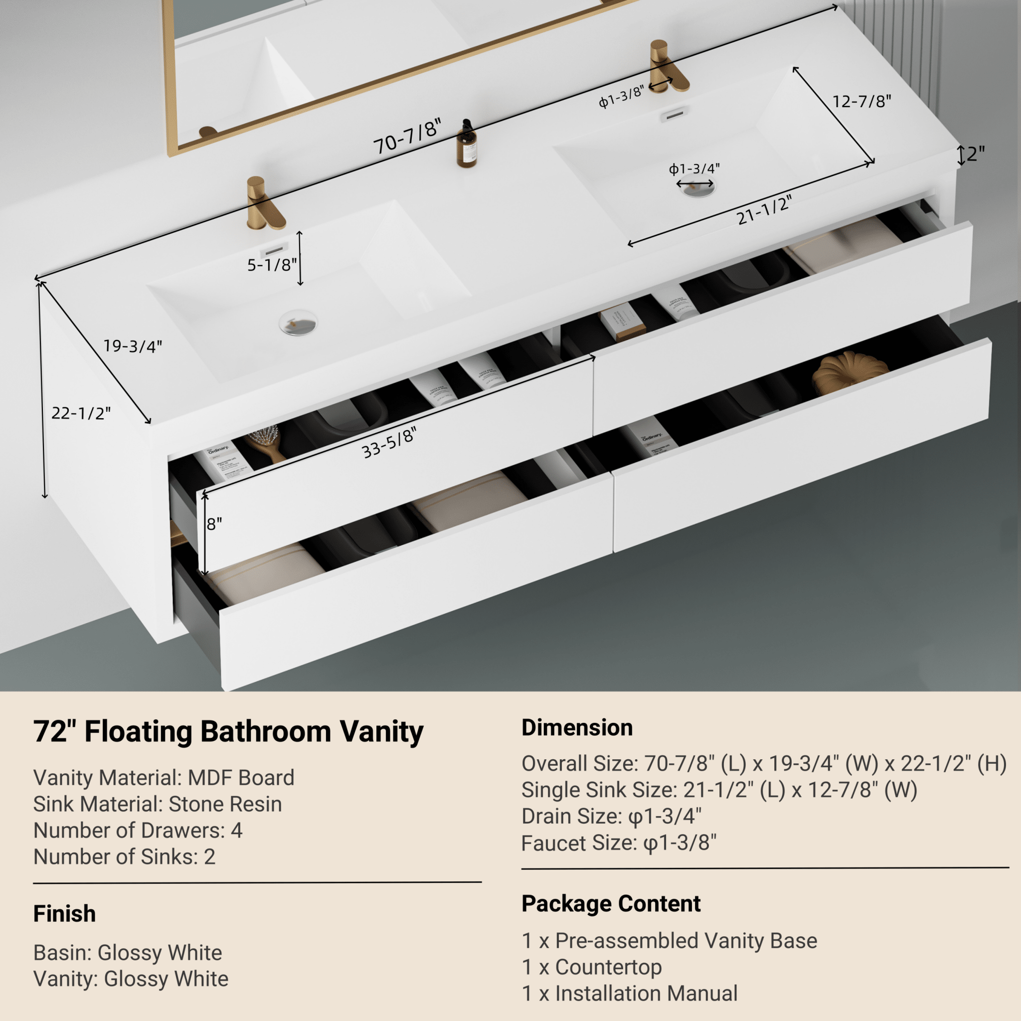 Studio Stone resin wall-mounted vanity with double sinks, featuring modern design and sleek fixtures by Anthony & Home