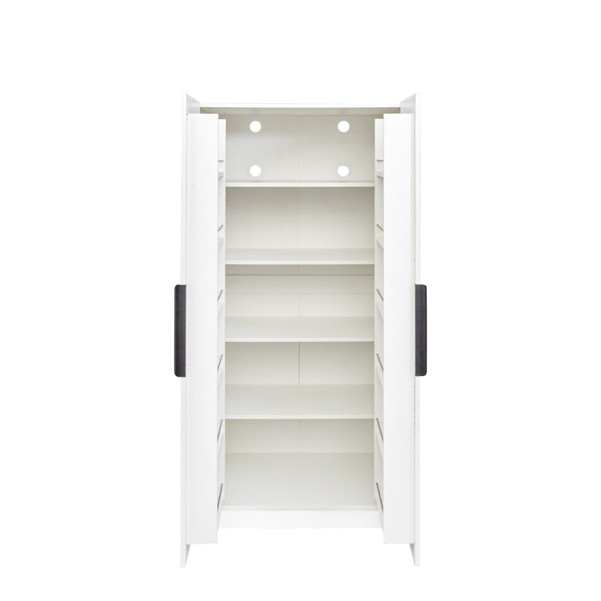 Anthony & Home Signature White Pantry Cabinet with doors and shelves, showcasing organized storage and clean design.