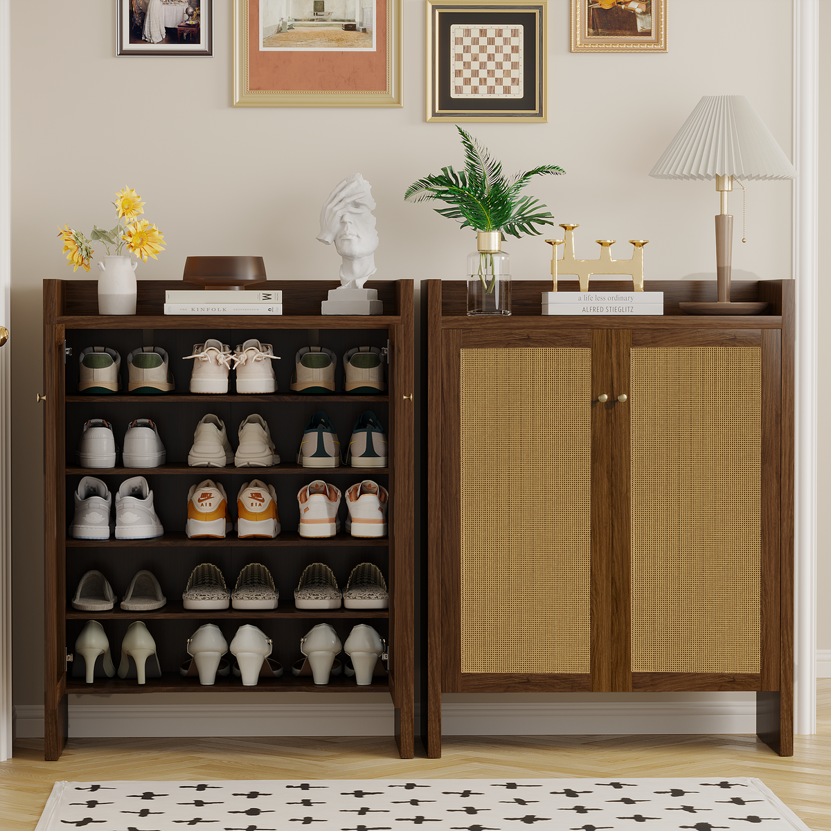 Anthony & Home walnut finish shoe cabinet with six tiers, freestanding entryway organizer from the Signature Collection.