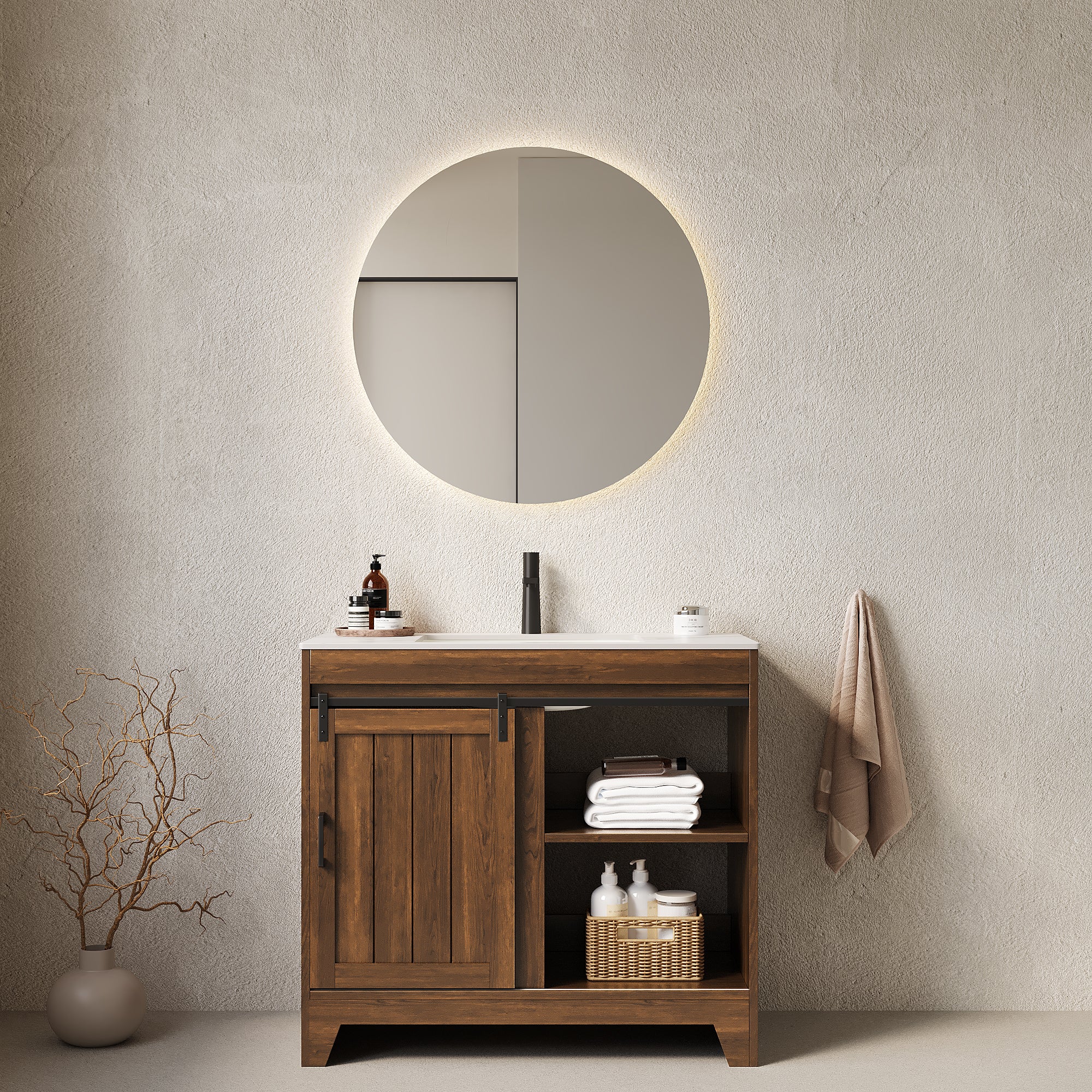 Anthony & Home RIKA Atelier 36-inch bathroom vanity with ceramic basin and sintered stone countertop, modern bathroom furniture.