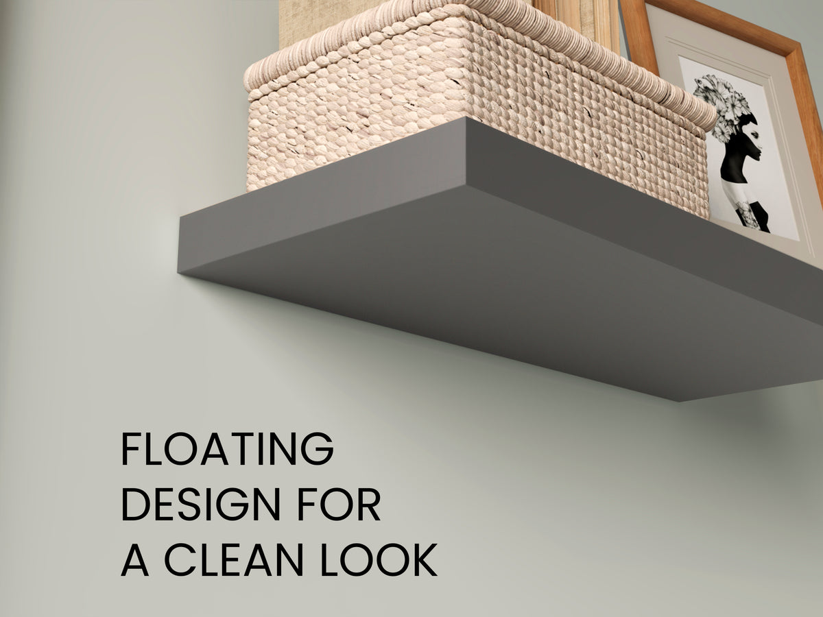 Two matte gray Anthony & Home Studio two-tier floating shelves mounted on a wall, showcasing modern storage and display space.