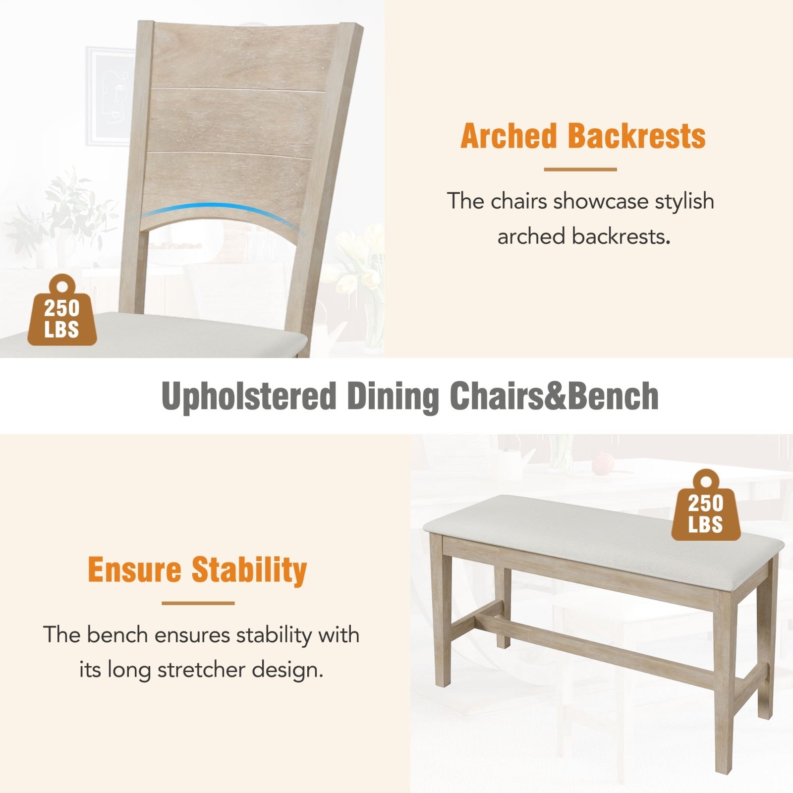 Topmax 6 Wood Half Round Dining Set With Bench And Chairs
