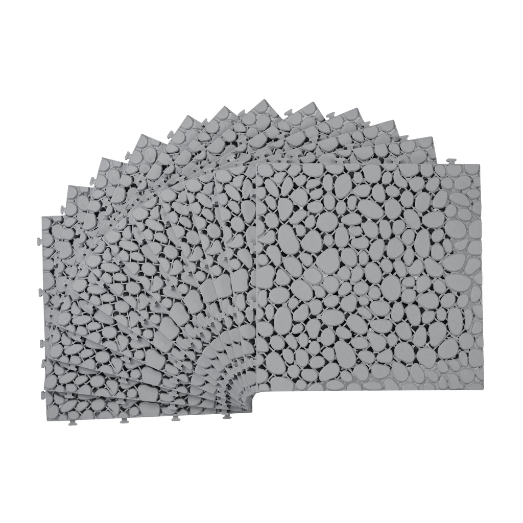 Gray Pebble Stone Interlocking Deck Tiles by Anthony & Home, waterproof 12x12 outdoor flooring with textured stone appearance