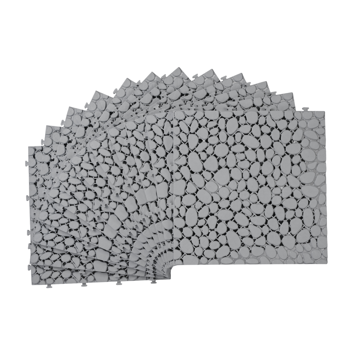 Gray Pebble Stone Interlocking Deck Tiles by Anthony & Home, waterproof 12x12 outdoor flooring with textured stone appearance