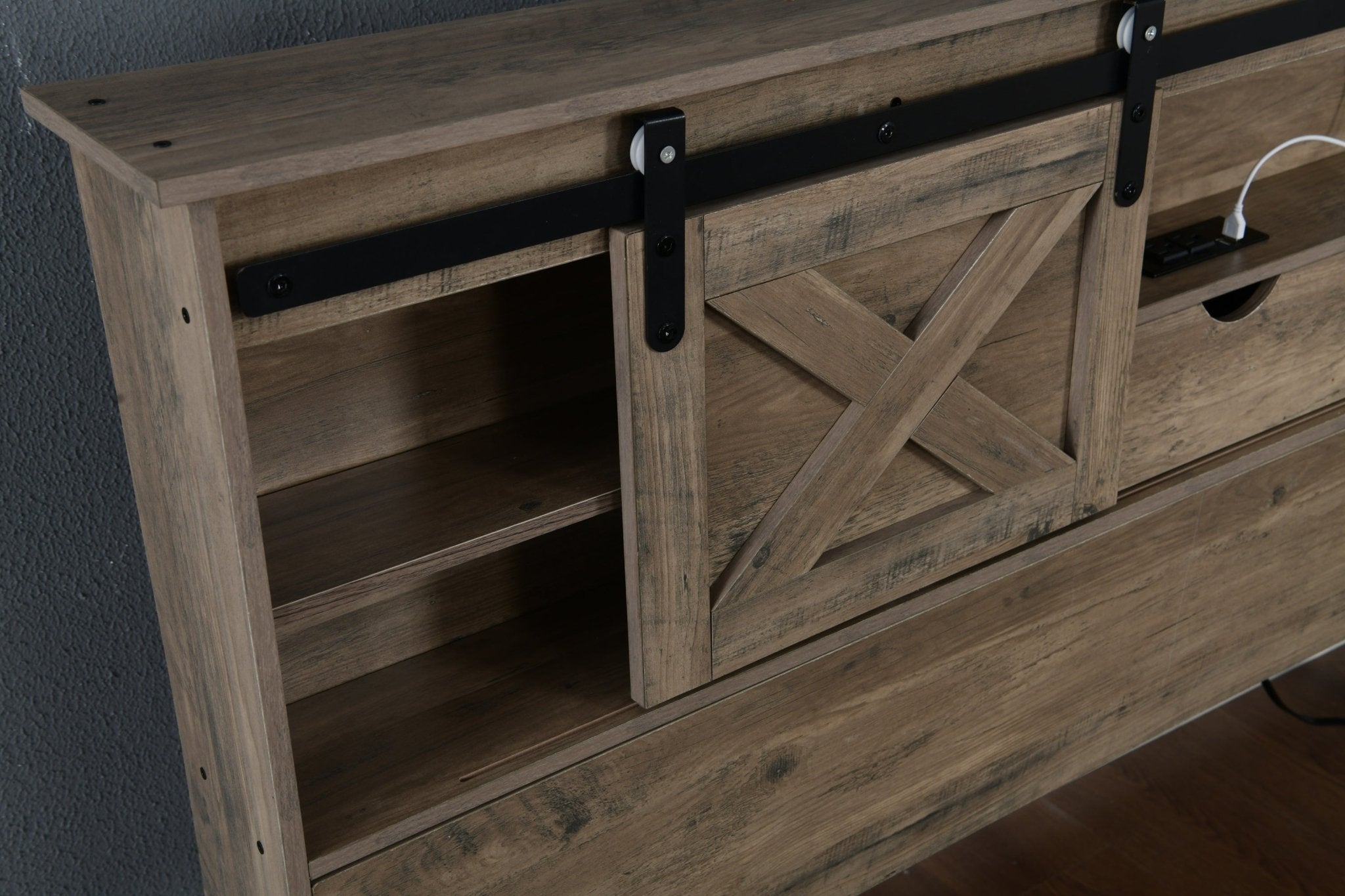 Anthony & Home farmhouse queen grey bed frame with rustic wood finish, LED lighting, charging station, and storage drawers.