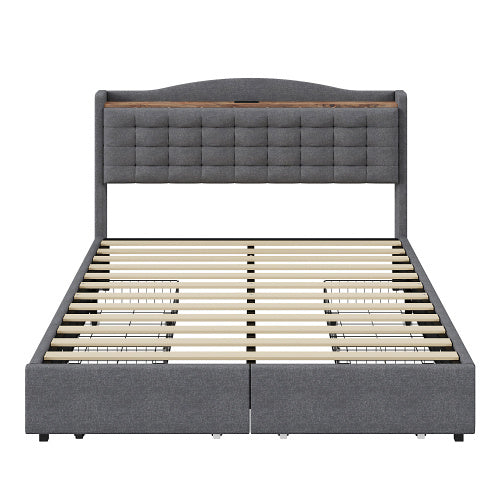 Grey Linen Upholstered Bed Frame 160x200 cm USB Nightstand