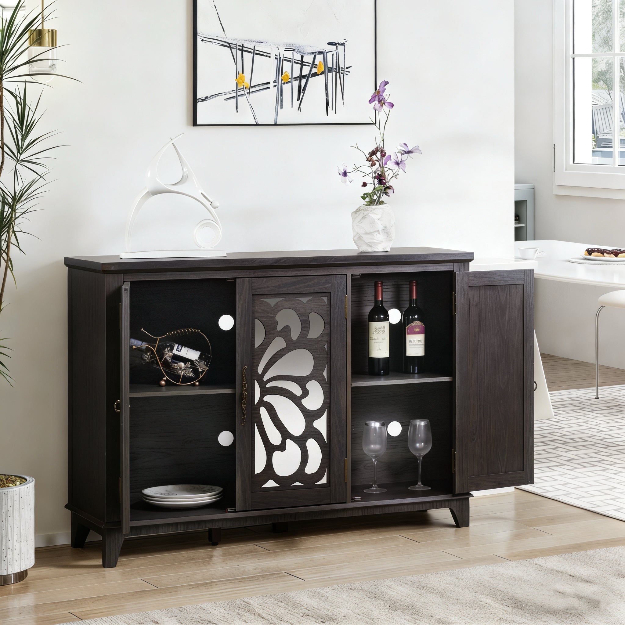 Heritage Walnut Sideboard by Anthony & Home with mirrored doors and adjustable shelves, measuring 49.3 x 15.6 inches.