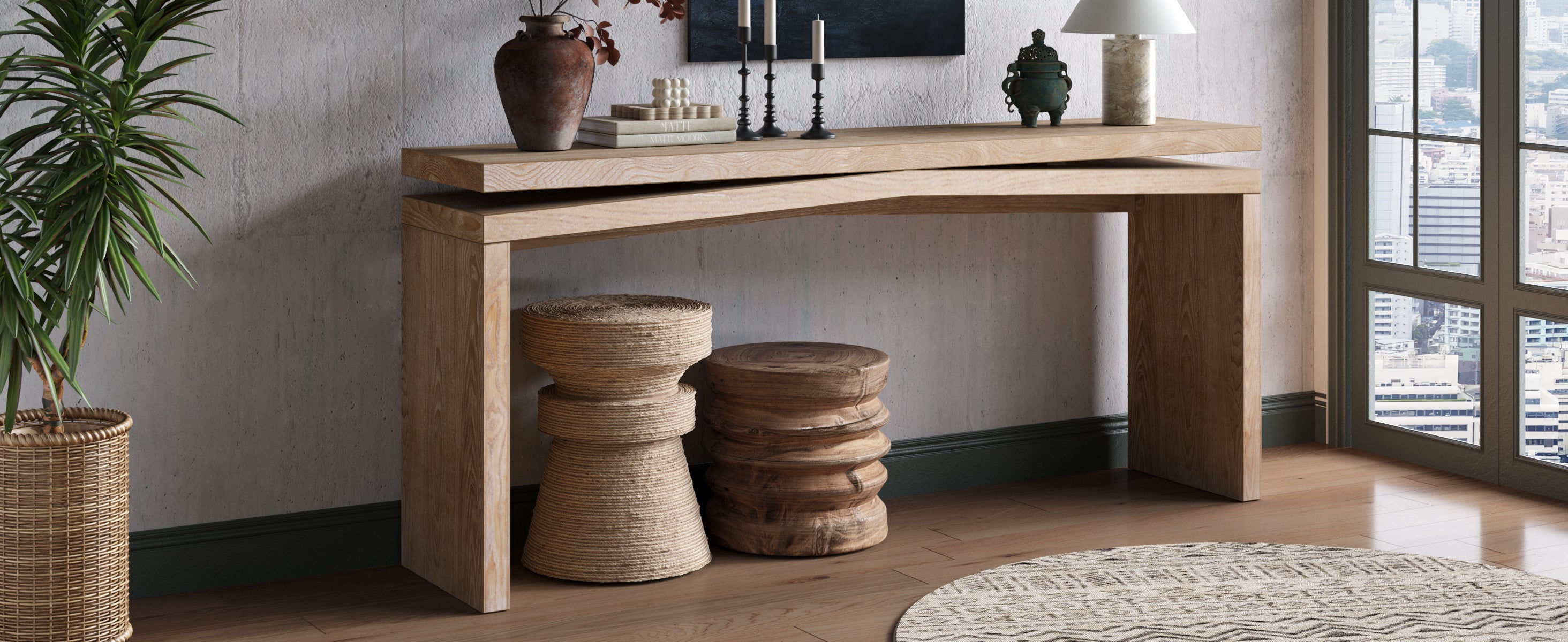 Heritage Rustic Solid Wood Veneer Console Table by Anthony & Home, showcasing a sturdy, rustic wood finish with sleek design.