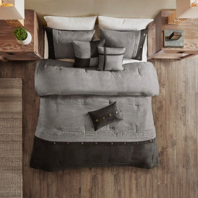 7 Piece Faux Suede Comforter Set In Grey Tan Brown