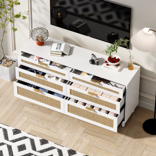 59 Inch Rattan Dresser With Six Drawers White Wood Legs