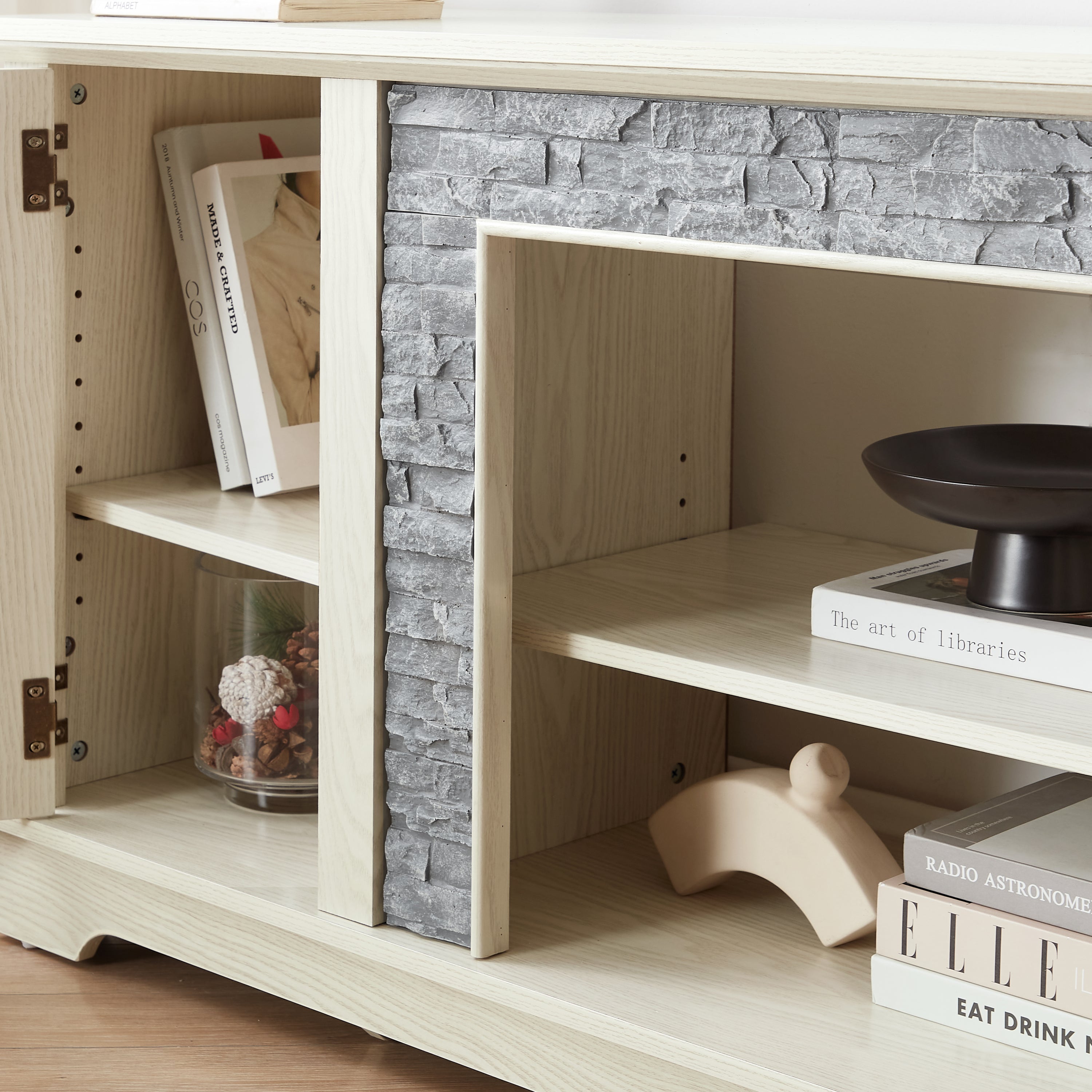 Anthony & Home Atelier white faux stone TV stand, 70-inch with two doors, modern and stylish entertainment furniture.