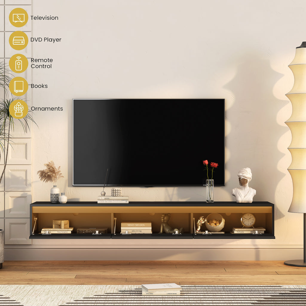 Floating Wall Mounted TV Stand With LED Lights Black