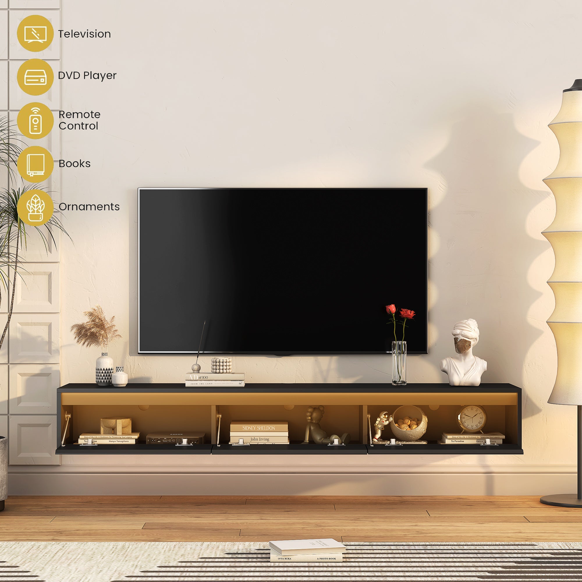 Floating Wall Mounted TV Stand With LED Lights Black
