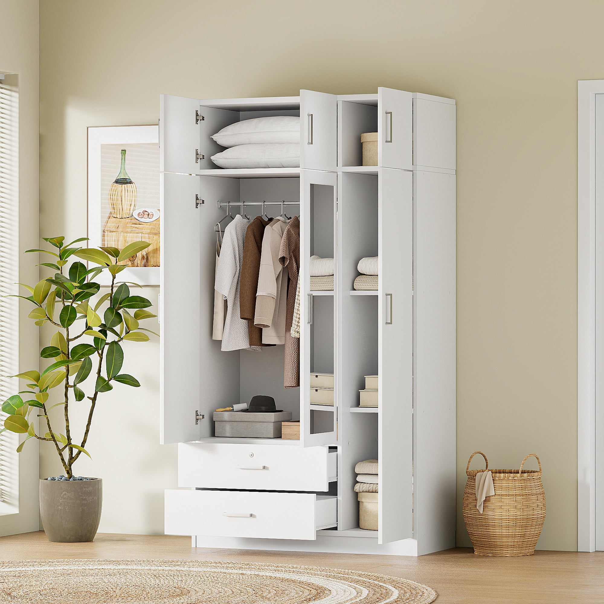 White mirror wardrobe with three doors from Anthony & Home, showcasing a sleek, modern design with reflective surface and clean lines.