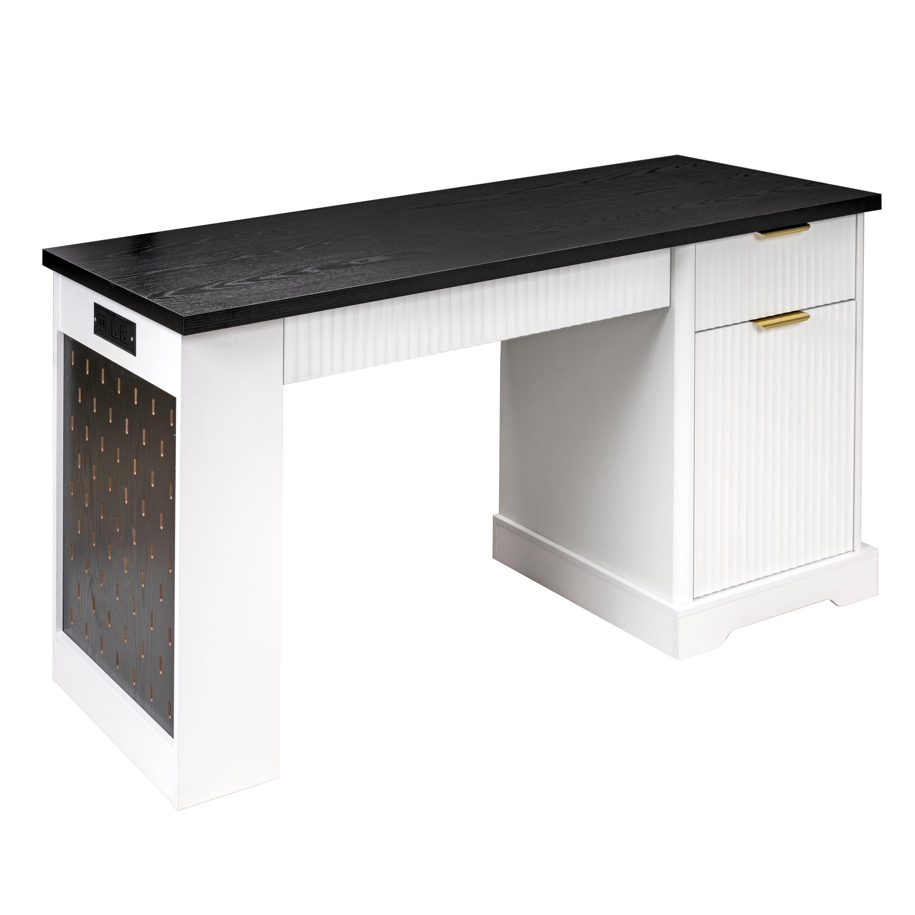 Anthony & Home Atelier Fluted Office Desk with storage cabinet, pegboard, keyboard tray in white, 55-inch modern workspace furniture