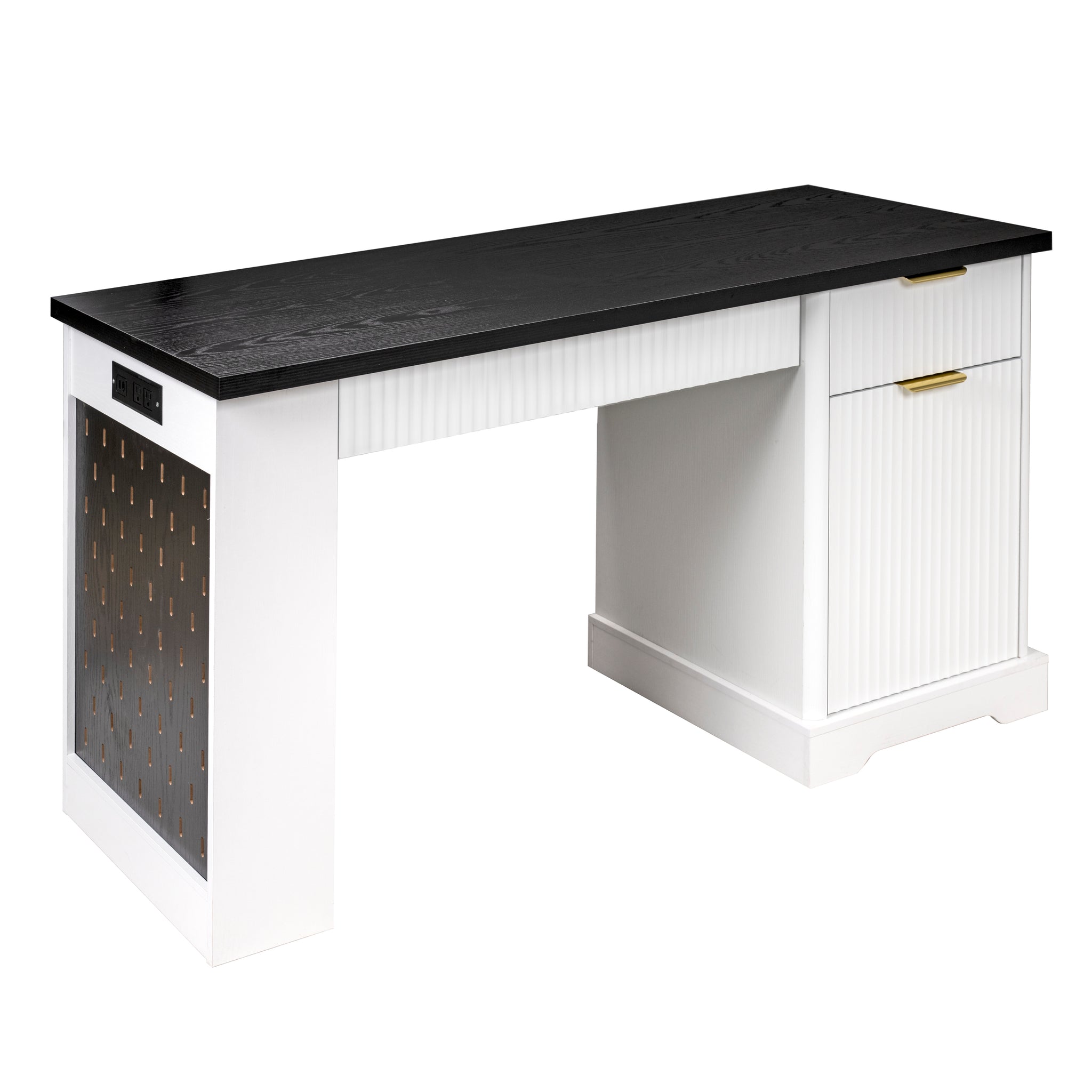 Anthony & Home Atelier Fluted Office Desk with storage cabinet, pegboard, keyboard tray in white, 55-inch modern workspace furniture