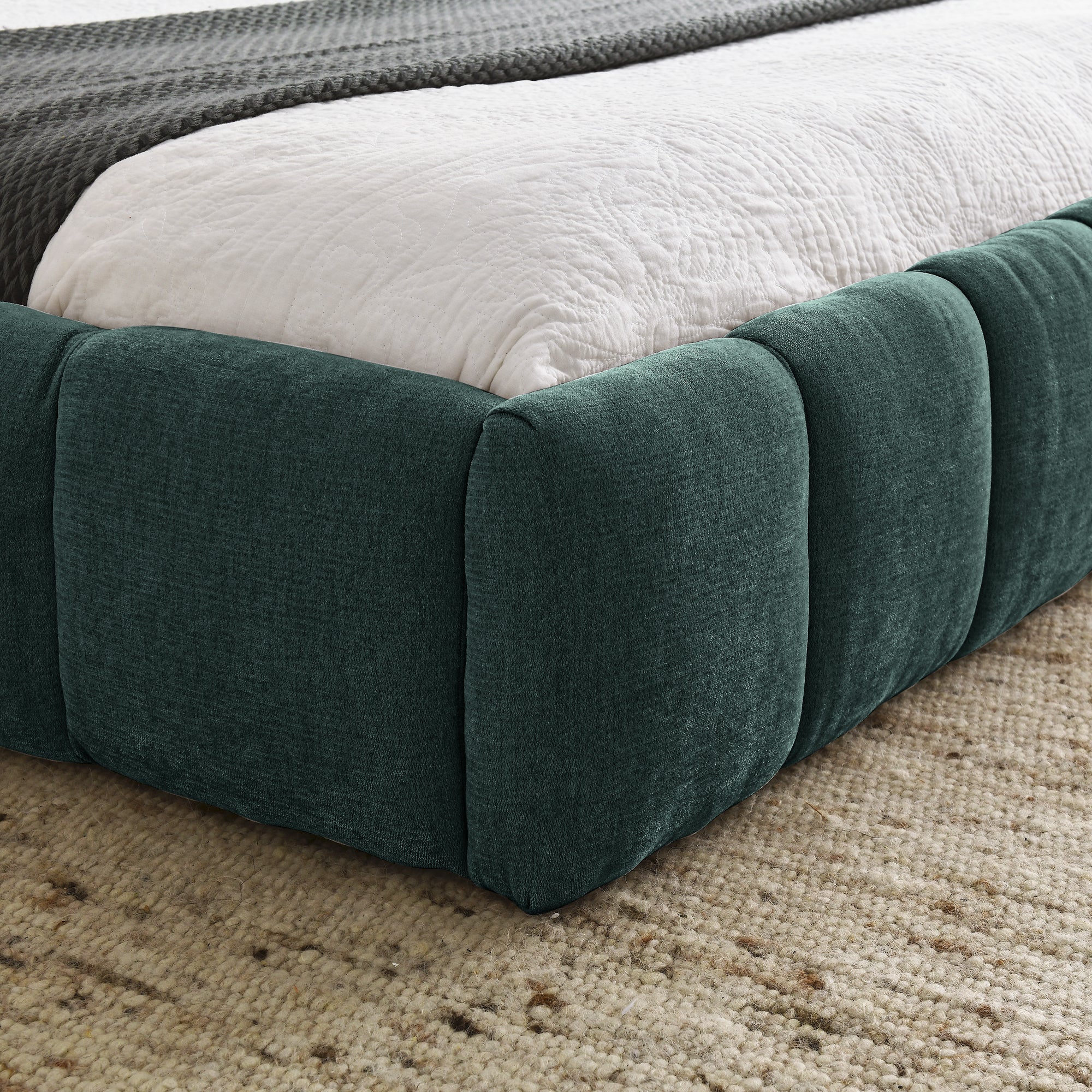 Anthony & Home Limited Chenille Collection queen upholstered bed frame with stylish headboard, showcasing soft chenille fabric and elegant design.