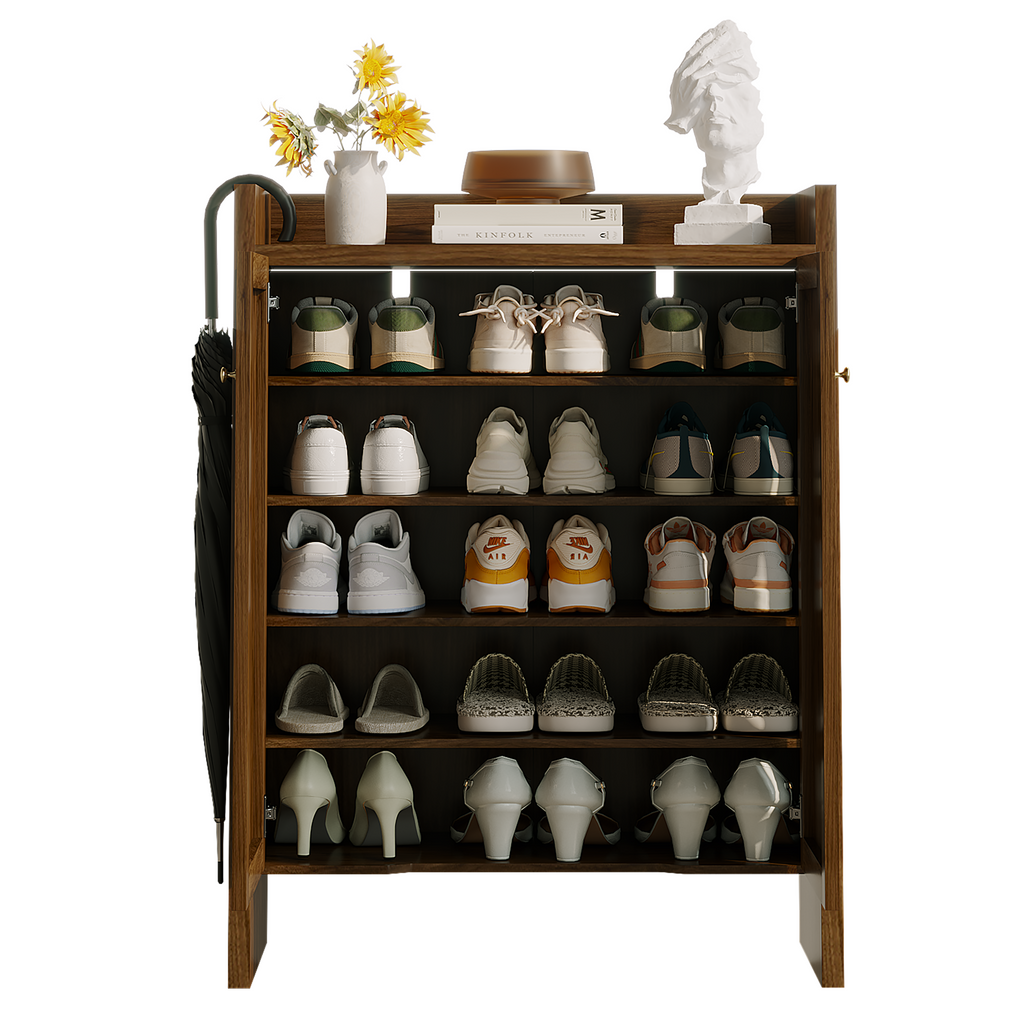 Walnut finish 6-tier shoe cabinet by Anthony & Home, freestanding entryway organizer with multiple compartments.