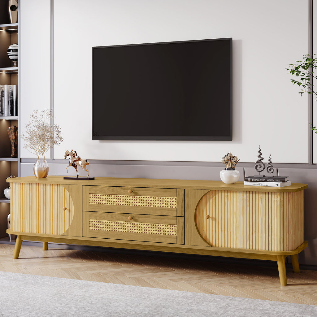 Anthony & Home rattan television console studio with open shelves and sleek design, ideal for modern living room decor.