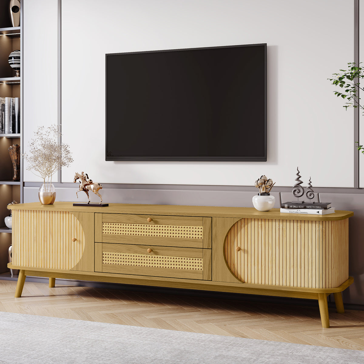 Anthony & Home rattan television console studio with open shelves and sleek design, ideal for modern living room decor.