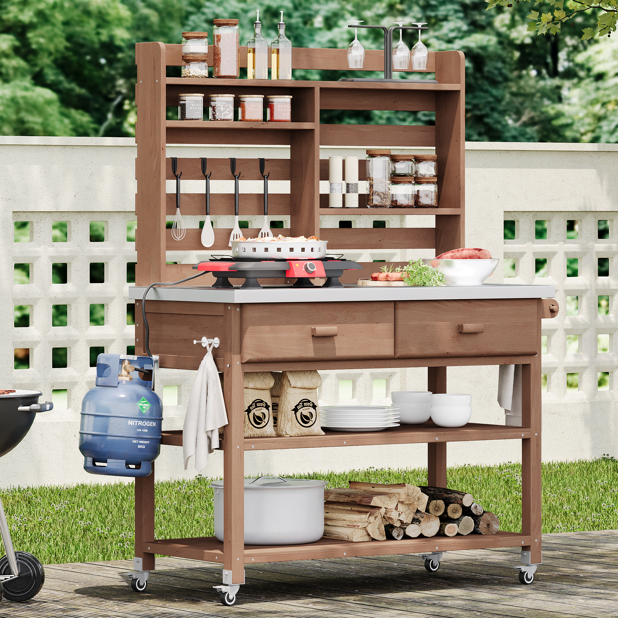 Anthony & Home outdoor potting bench with stainless steel top, featuring a sturdy structure and ample workspace for gardening tasks.